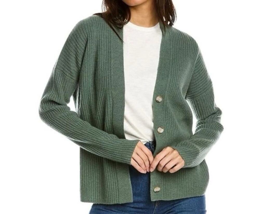 VINCE Ribbed Wool Cashmere Cardigan - Forest Green - Size Small